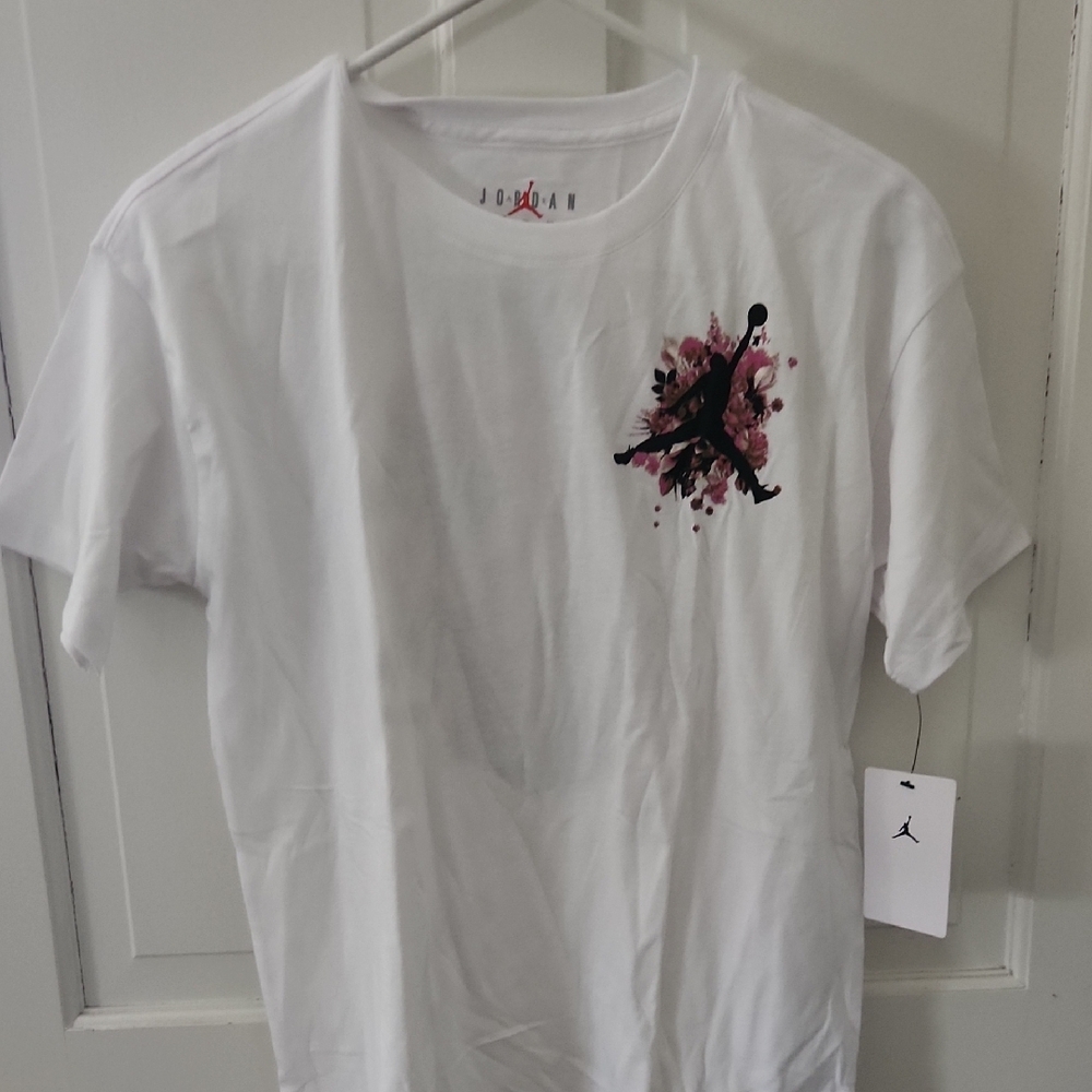 Jordan White T-Shirt with Black and Pink Logo